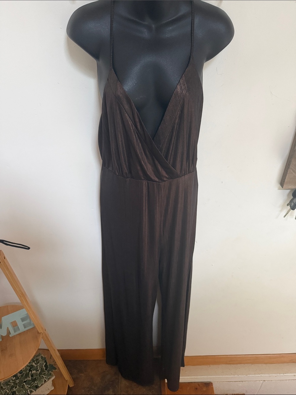 Dance & Marvel Plunge V-Neck Brown Satin Jumpsuit with Spaghetti Straps